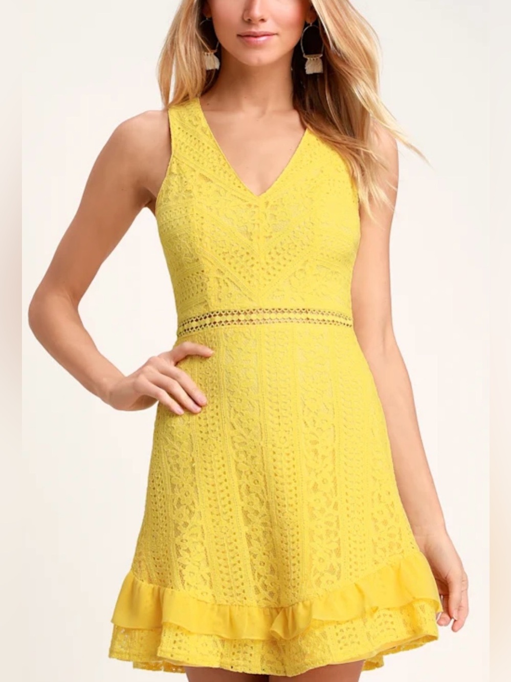 Women’s Lulus Love You Always Yellow Lace Skater Dress Mini Spring Resortwear‎ M